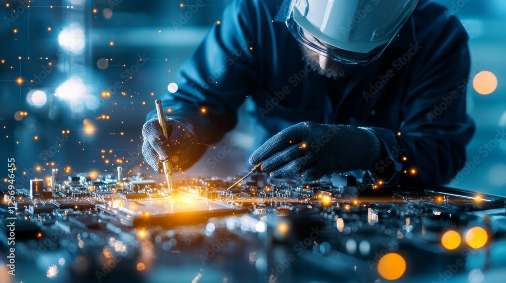 Poster precision engineering skilled technician assembling circuit boards in a high-tech workshop environme