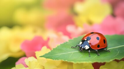 Fototapeta premium Ladybird perched on a green leaf in natural outdoor environment during sunny day