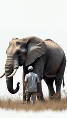 Fototapeta premium A man stands before a large elephant at the grassy location, with the back of the man is to the camera looking at the elephant against a plain white background