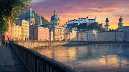 Obraz premium Beautiful sunset over historic European city with river, modern buildings, and castle on hill in picturesque landscape