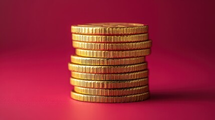 Stack of shiny gold coins on a vibrant red background, symbolizing wealth and prosperity