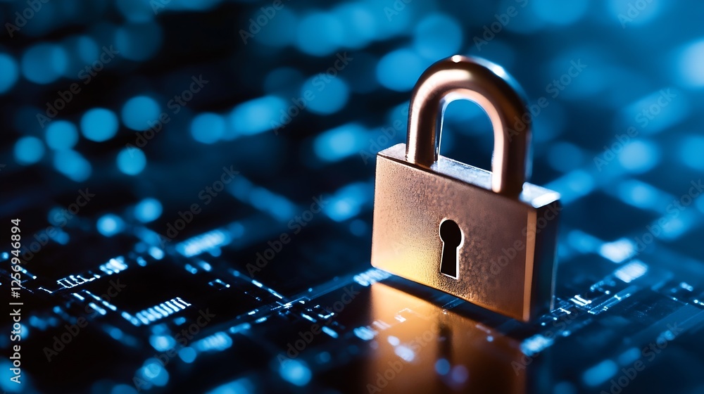 Leinwandbilder Secure padlock placed on a digital circuit board representing cybersecurity and data protection : Generative AI