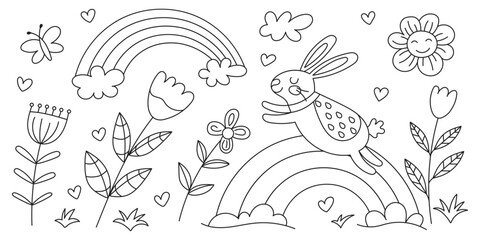 Fototapeta premium Vector drawing of spring landscape, flowering meadow, coloring book, children's drawing, isolated on a white background