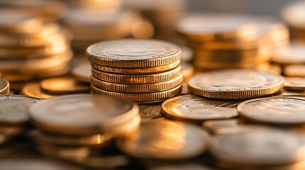 CloseUp View of Stacked Gold Coins with Soft Natural Background Lighting : Generative AI