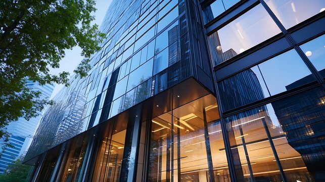 Modern Architectural Design of Skyscraper Reflections and Glass Facade in Urban Setting : Generative AI