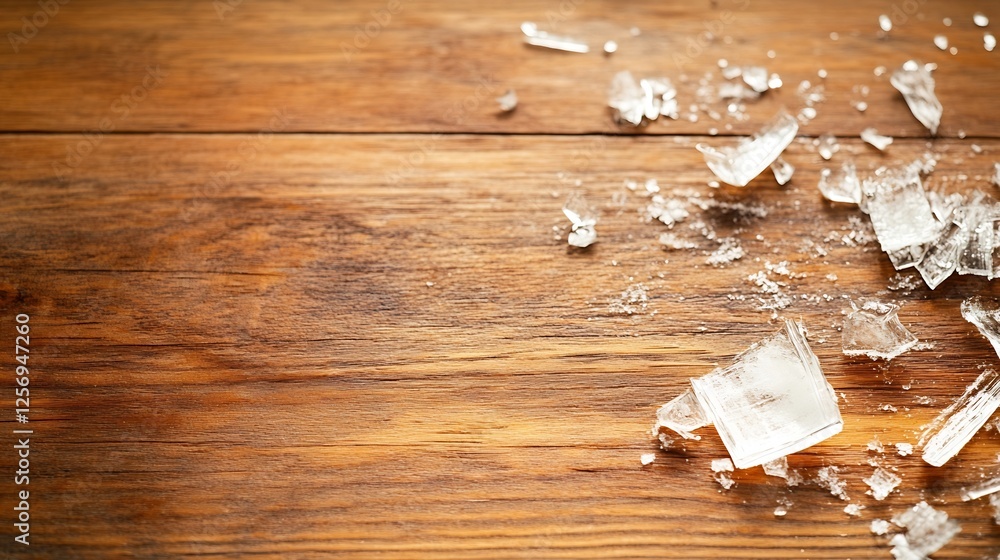 Poster Scattered Ice Chunks Over Wooden Surface Creating A Unique Textured Background : Generative AI