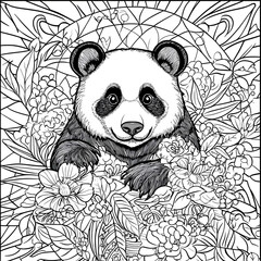 Coloring page for adults black and white panda with leaves and flowers art with mandala pattern background cartoon style thick lines high detail no shading.jpe