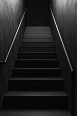 A black staircase with a handrail, a minimalistic dark background, a low angle, a front view, a symmetrical composition, soft lighting, and hyperrealism.