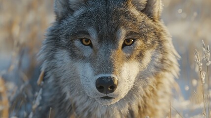 Obraz premium Majestic wolf gazing intently amidst a snowy landscape, capturing the essence of wilderness