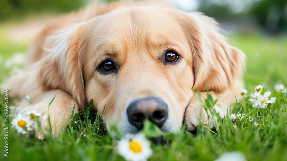Poster golden retriever puppy lying on grass surrounded by daisies enjoying the sun : generative ai