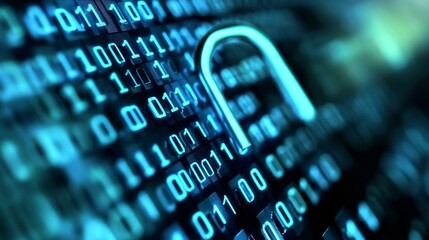 Digital padlock over binary code representing secure data storage and encryption : Generative AI