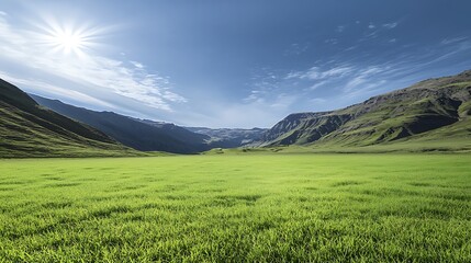Obraz premium Lush Green Valley Under Bright Sunlight with Majestic Mountains in the Background