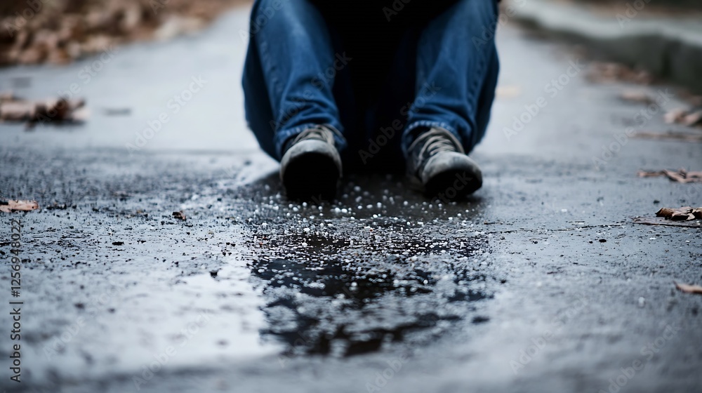 Poster seated individual on a wet pavement after rain reflecting on thoughts surrounded by autumn leaves : 