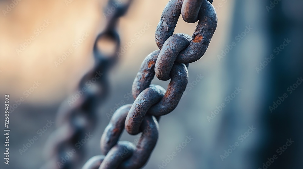 Poster Closeup view of an old rusty chain hanging against a blurred background : Generative AI