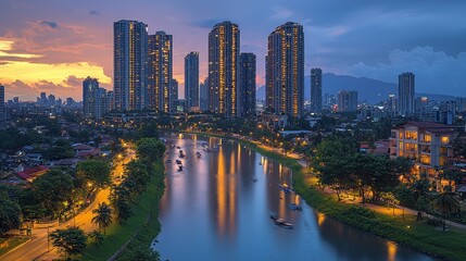 Obraz premium Cityscape sunset, river reflections, buildings, twilight