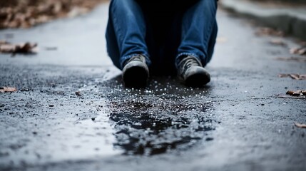 Seated individual on a wet pavement after rain reflecting on thoughts surrounded by autumn leaves : Generative AI