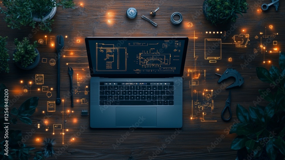 Poster innovative technology design process creative workspace digital blueprint indoor environment overhea