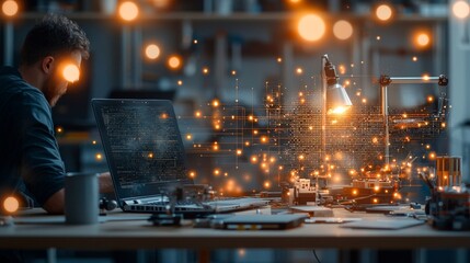 Innovative technology development creative workspace digital art modern office close-up concept of innovation and productivity