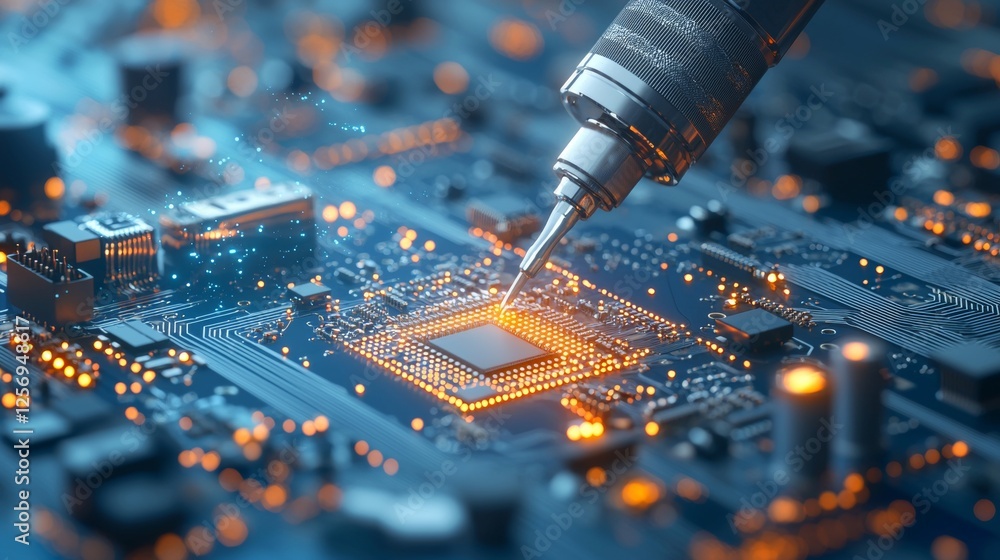 Poster precision engineering action chip assembly process high-tech lab digital art futuristic environment 