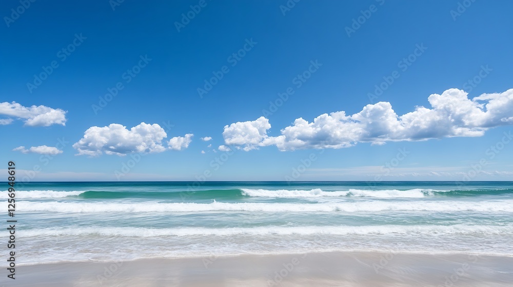 Poster tranquil beach scene with gentle waves lapping at the shore under a bright blue sky with fluffy clou