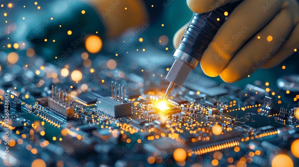 Aufkleber expert technician repairing circuit board high-tech workshop electronics manufacturing close-up view