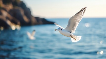 Seagull gracefully soaring above sparkling ocean waters during a sunny day in coastal scenery : Generative AI