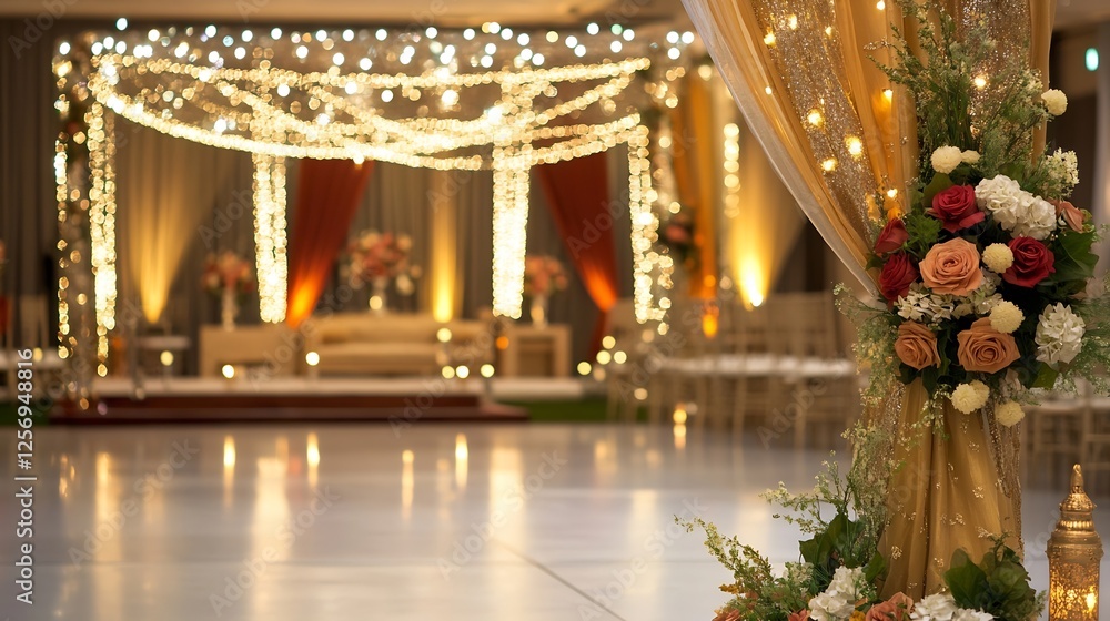 Poster stunning festive decor with twinkling lights and floral arrangements creating an enchanting ambiance