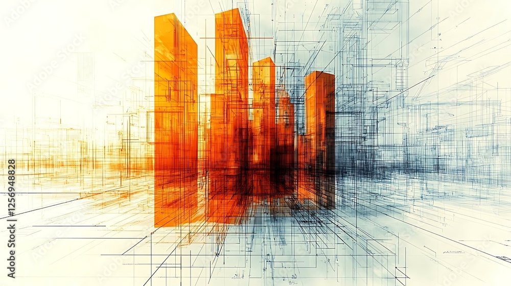 Poster pattern format blueprint abstract urban landscape with geometric shapes and architectural lines in o