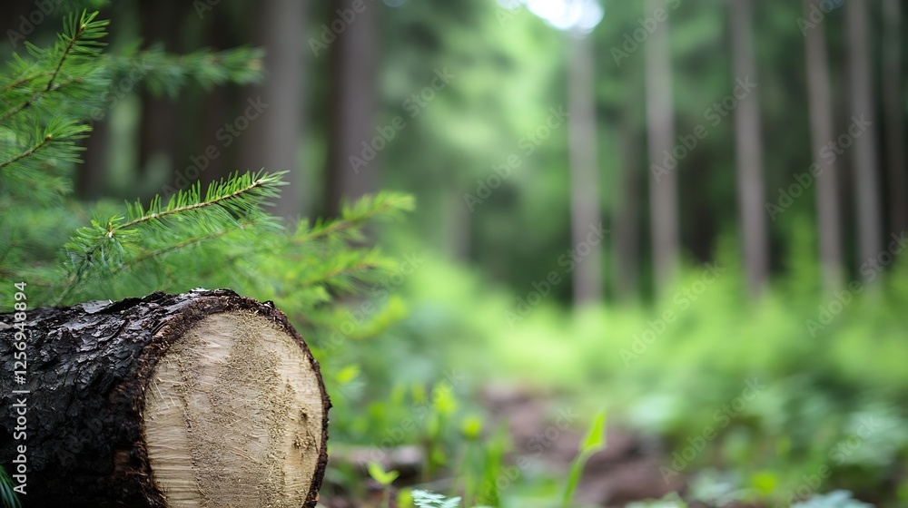 Poster peaceful forest scene with a chopped tree stump in lush green surroundings of pine trees : generativ