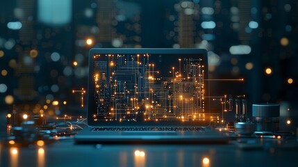 Innovative data visualization action urban workspace digital technology modern office close-up view conceptualizing future trends