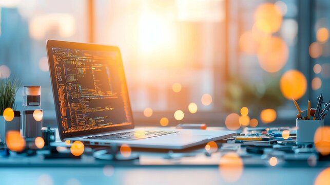 Innovative tech development programming insights on a laptop in a modern office space captivating digital environment warm lighting perspective