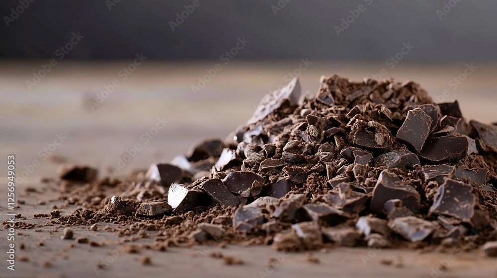 Poster mouthwatering closeup of dark chocolate chunks scattered on wooden table with rich texture : generat