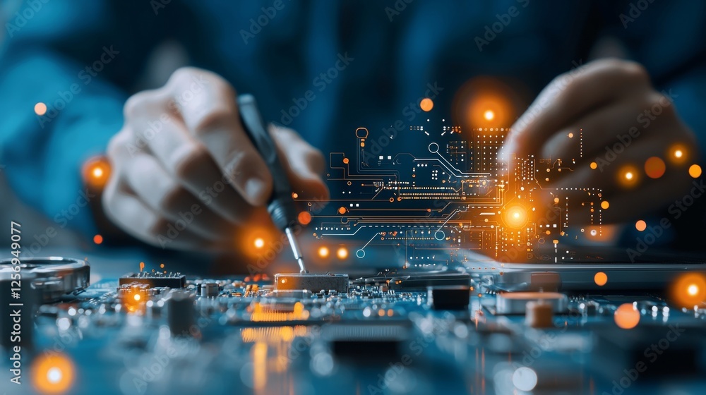 Poster innovative technology development modern workshop engineering process high-tech environment close-up