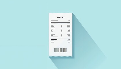 Minimalist infographic style, flat illustration of a printed receipt with barcode and itemized list, copy space
