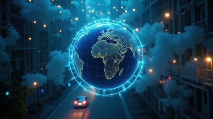 Obraz premium A Futuristic Cityscape at Night Featuring a Glowing 3D Globe Above Urban Streets