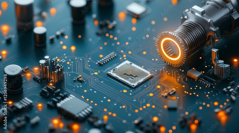 Poster exploring advanced circuitry technology innovative electronics lab high-resolution image close-up pe