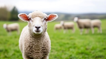 Fototapeta premium CloseUp of a Sheep Gazing Curiously Amidst a Pastoral Landscape of Green Fields : Generative AI