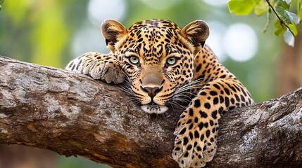 Naklejka premium Magnificent leopard resting on a tree branch showcasing its beautiful and vibrant coat : Generative AI