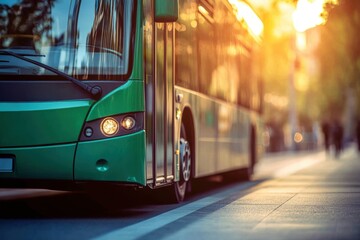 Green City Bus Parked on Street During Beautiful Golden Hour Light