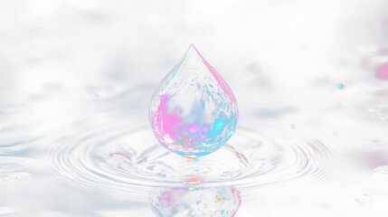 a water drop with a pink and blue reflection