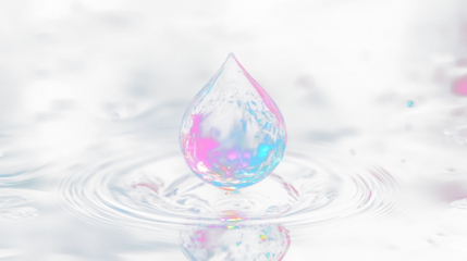 a water drop with a pink and blue reflection