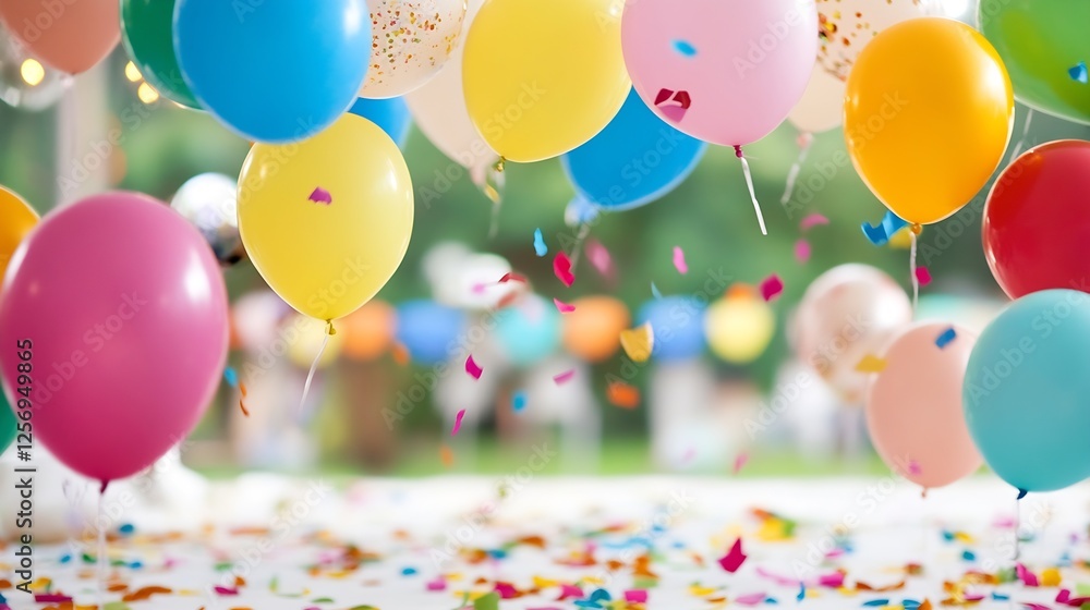 Poster colorful balloons and confetti create a festive atmosphere for a joyful celebration or party : gener