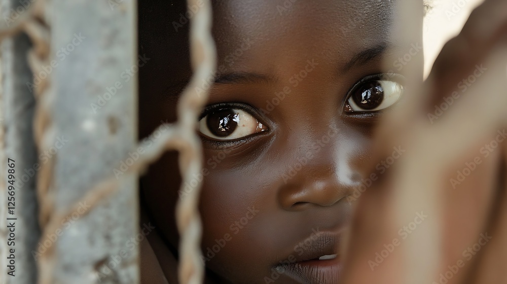 Poster close up portrait of a young child looking through a fence capturing innocence and curiosity : gener