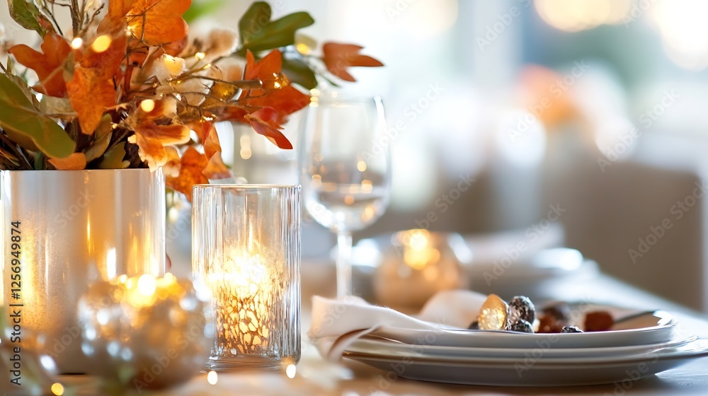 Aufkleber beautifully arranged dinner table set with candles and flowers for a cozy evening gathering : genera