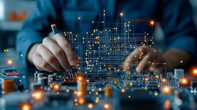 Innovative technology workshop electronics lab professional development digital environment close-up view circuit design concepts for engineers