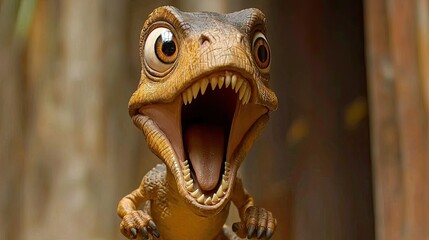 A lively dinosaur figurine with an open mouth, set against a blurred natural background