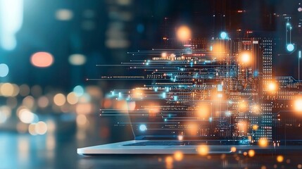 Dynamic digital transformation event showcasing innovative technology concepts urban environment futuristic visuals digital landscape close-up perspective