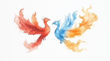 Obraz premium Vibrant illustration of two mythical phoenixes in red and blue flames facing each other on a white background