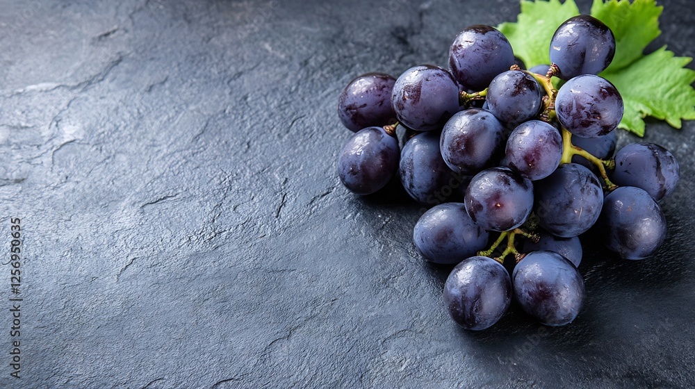 Poster fresh ripe grapes arranged elegantly on a dark stone surface with a green leaf accent : generative a