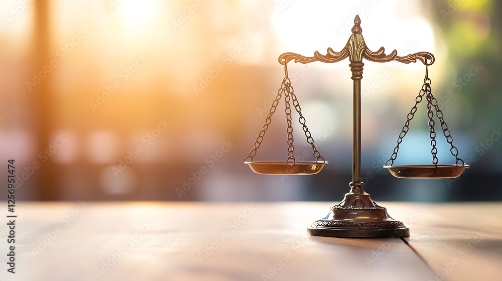 Poster symbol of justice with a classic golden scale reflecting light and capturing attention : generative 